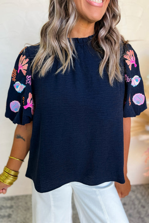 Sail Blue Shellfish Coral Embroidery Puff Sleeve Frilled Neck Blouse
