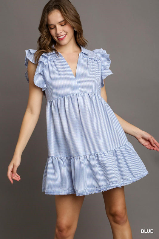 Blue and White V-Neck Collared Dress with Ruffle Sleeves and Fray Details