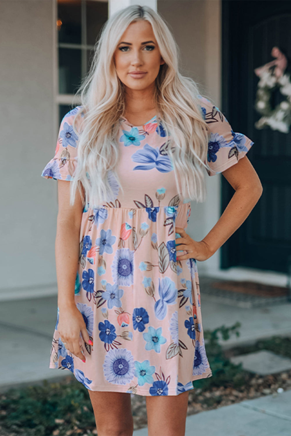 Pink Ruffled Short Sleeve Floral Dress
