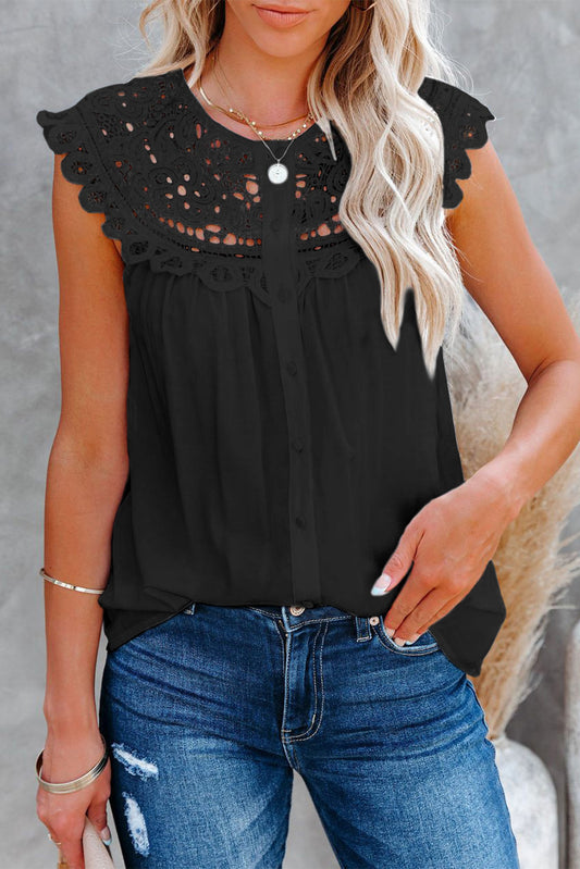 Black Lace Splicing Crew Neck Buttoned Sleeveless Shirt