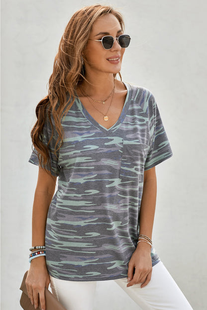 Army Green V Neck Front Pocket Camo Tee