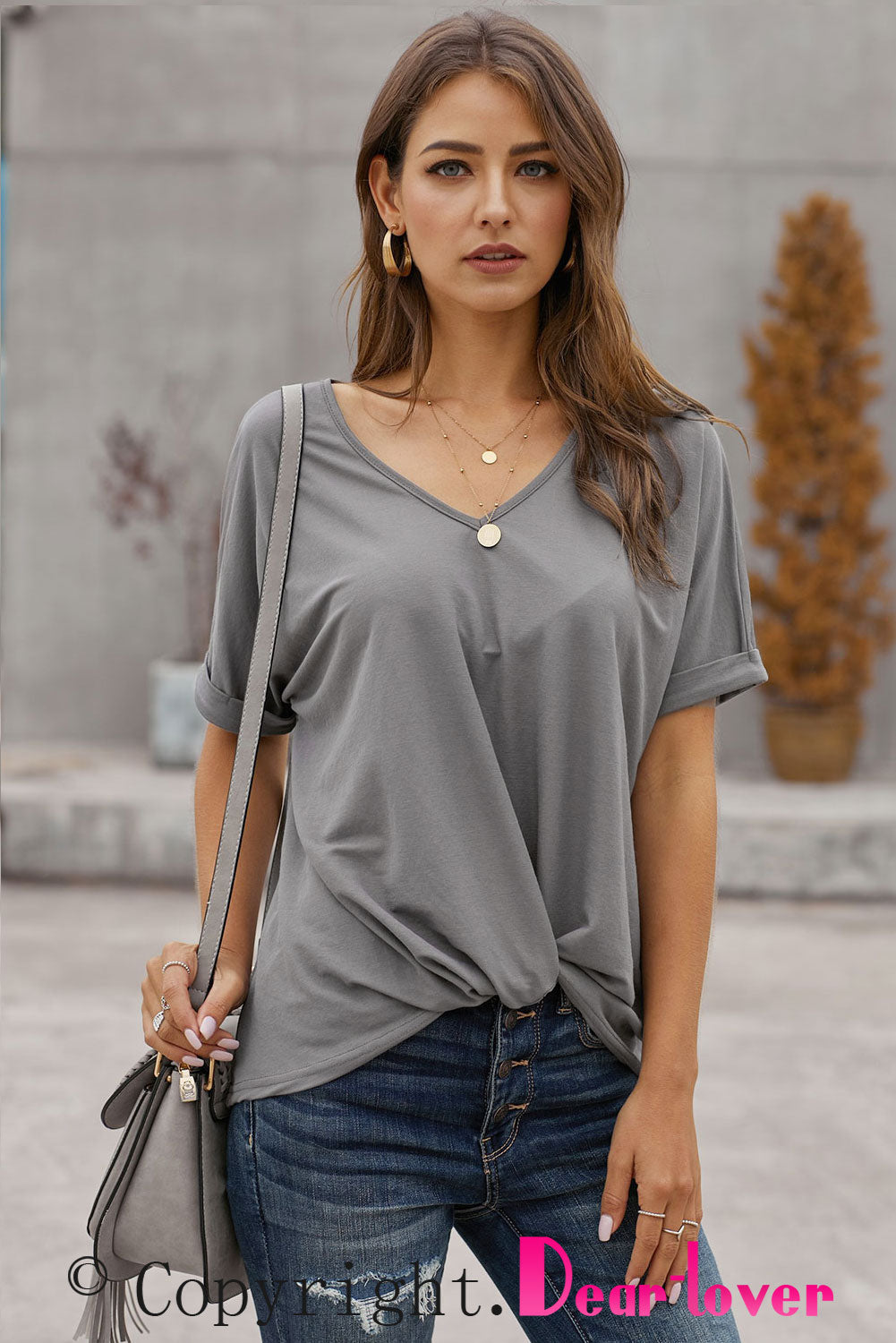 Gray Plain Short Sleeve Twist Tee