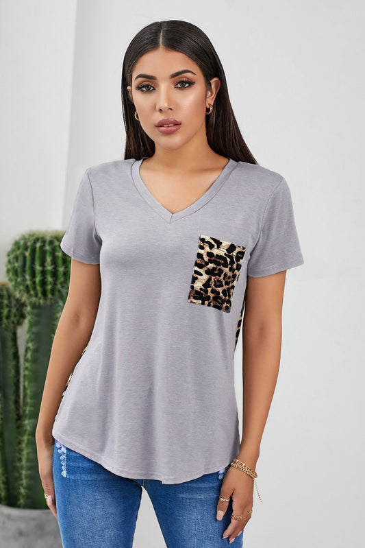 Gray Leopard printed Splicing T-Shirt