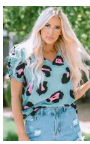Sky Blue Ruched Short Sleeve Leopard Print Blouse