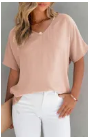 Pink Solid V Neck Short Sleeve Blouse