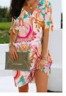 Multicolor Knotted Short Sleeve V Neck Floral Dress