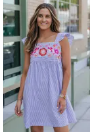 Sky Blue Floral Embroidered Striped Ruffled Sleeveless Mini Dress