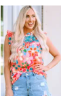 Pink Embroidered Detail Floral Print Ruffle Trim Tank Top