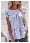 Sky Blue Striped Print Flutter Sleeve Gathered Top