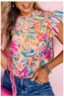 Multicolor Abstract Striped Patchwork Ruffled Short Sleeve Blouse