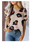 Khaki Ruched Short Sleeve Leopard Print Blouse