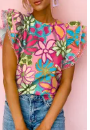 Multicolor Vibrant Floral Print Trimmed Ruffle Sleeve Blouse