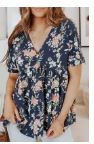 Blue V Neck Floral Tiered Babydoll Top