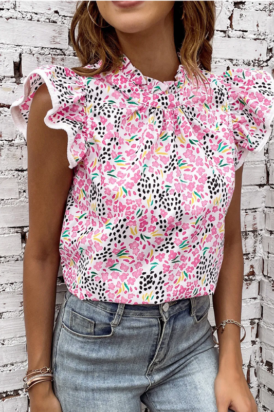 Pink Multicolor Abstract Print High Neck Flutter Sleeves Top