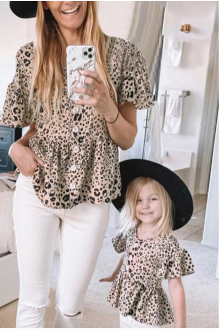 Leopard Button Front Ruffled Family Matching Mom's Tunic Top