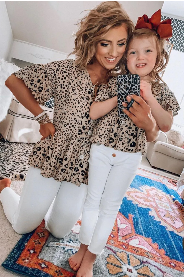 Leopard Button Front Ruffled Family Matching Mom's Tunic Top