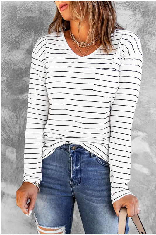 Striped V Neck Long Sleeve Top