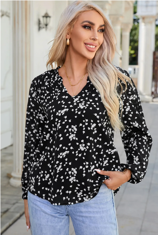 Black Split Neck Fall Printed Crinkled Blouse