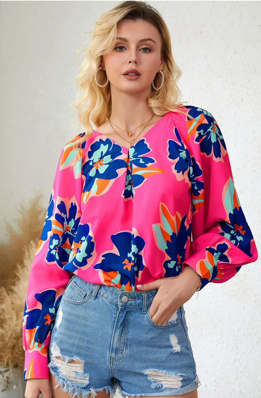 Rose Flower Print Puff Sleeve Blouse