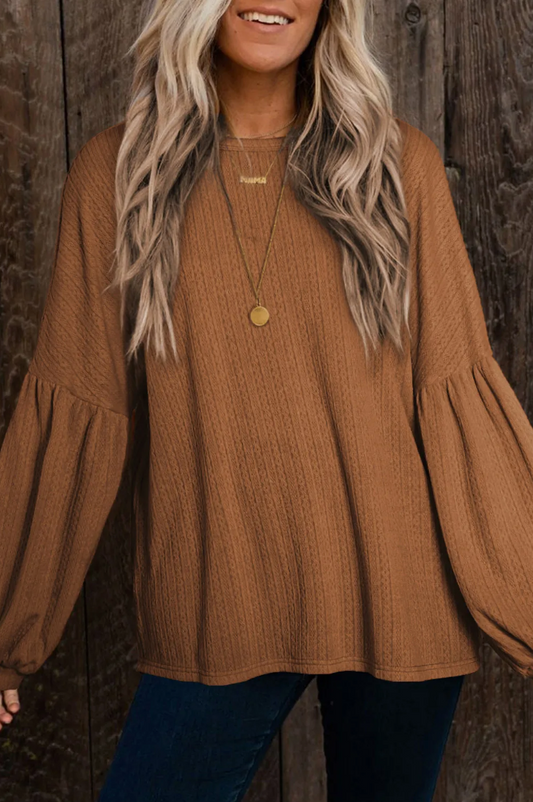 Orange Faux Knit Jacquard Puffy Long Sleeve Top