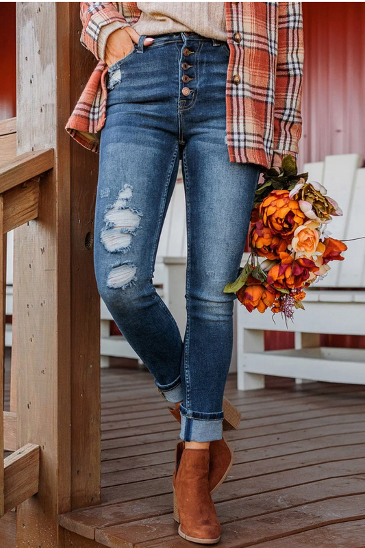 Blue Distressed Button Fly High Waist Skinny Jeans