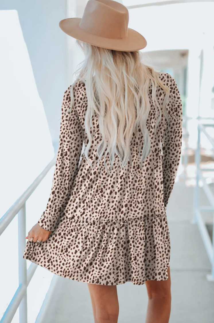 Leopard Animal Print Tiered Long Sleeve Dress