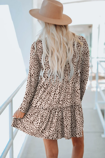 Leopard Animal Print Tiered Long Sleeve Dress