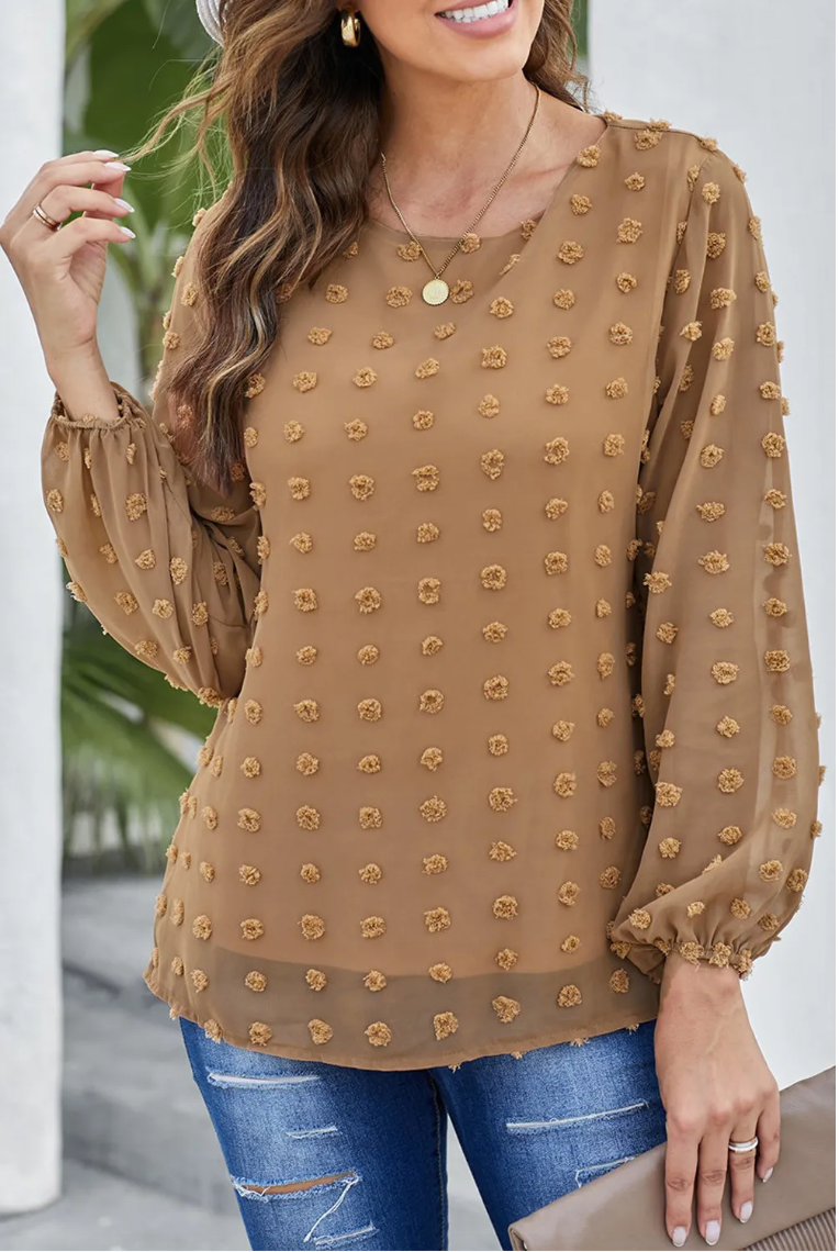 Brown Swiss Dot Long Puff Sleeve Top