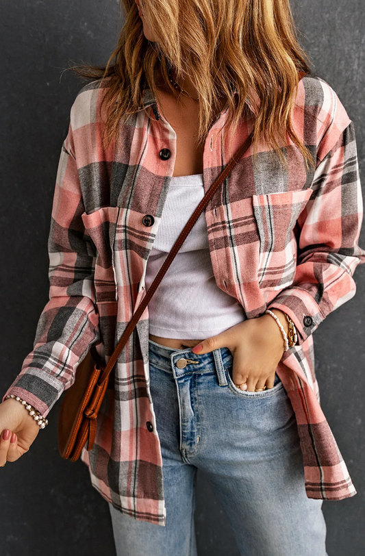 Pink Plaid Button Up Patch Pocket Shirt