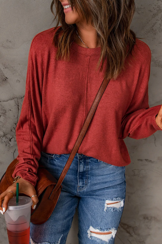 Fiery Red Gray Solid Color Patchwork Long Sleeve Top