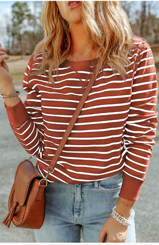 Red Striped Print Ribbed Trim Long Sleeve Top