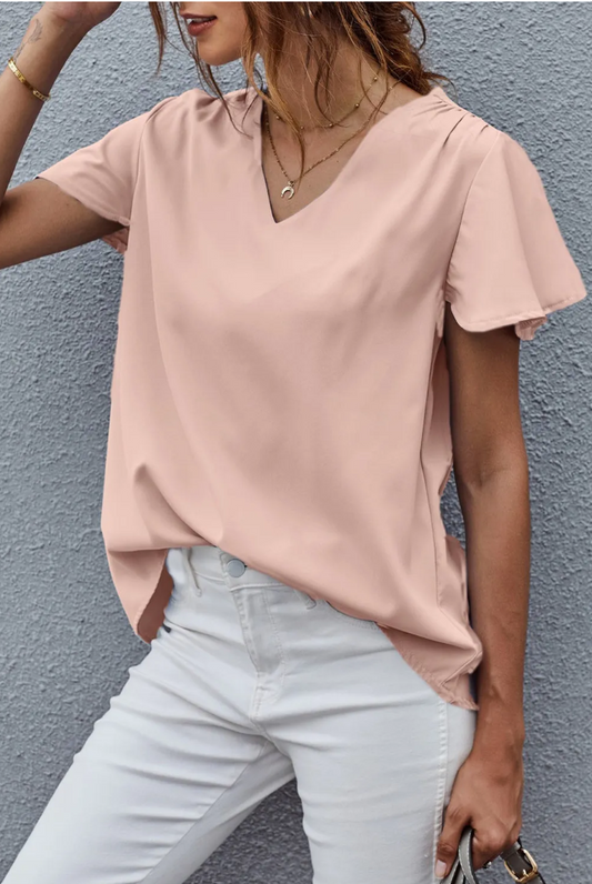 Pink V Neck Short Sleeve Tee