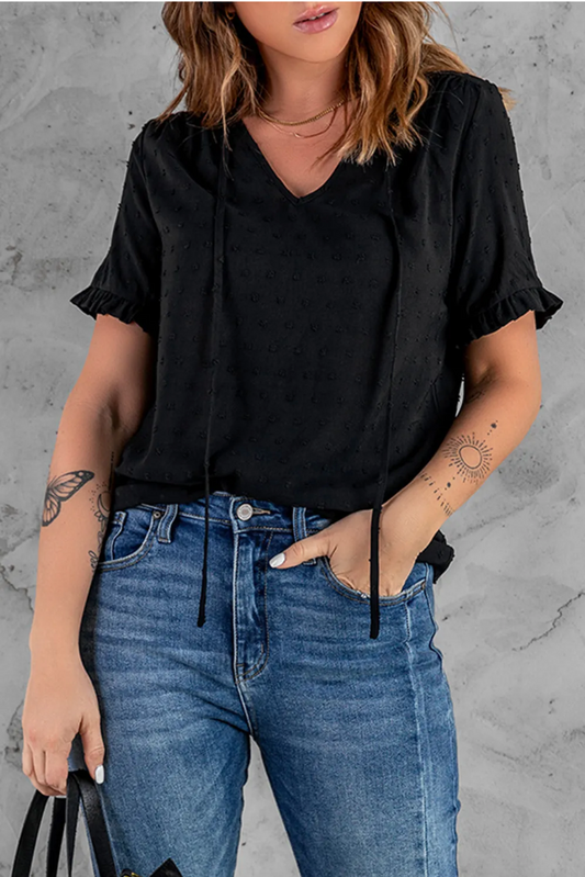 Black Swiss Dot Ruffled Short Sleeve V Neck Top