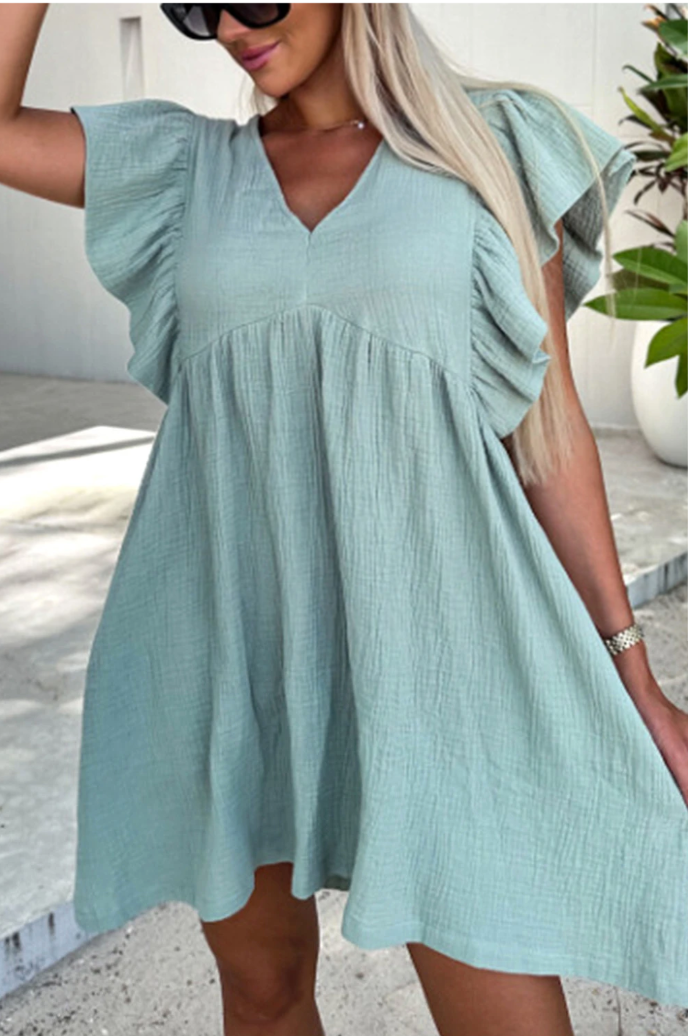 Sky Blue Crinkle V Neck Ruffle Sleeve Short Dress