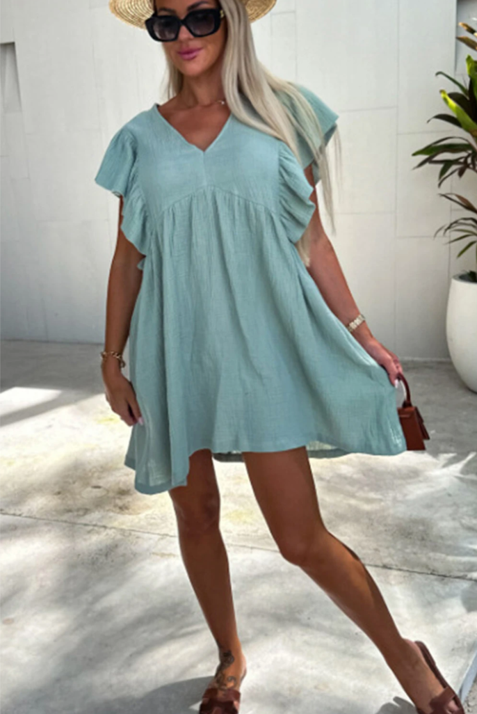 Sky Blue Crinkle V Neck Ruffle Sleeve Short Dress