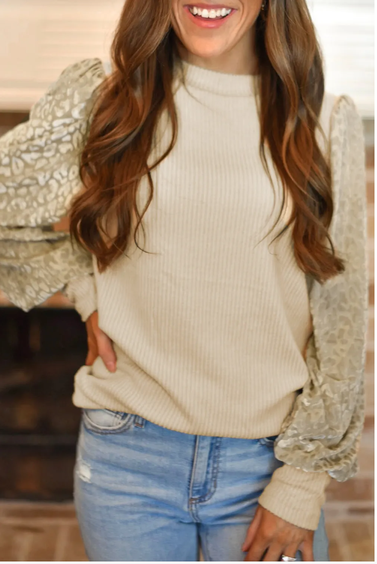 Apricot Leopard Print Long Sleeve Ribbed Knit Blouse