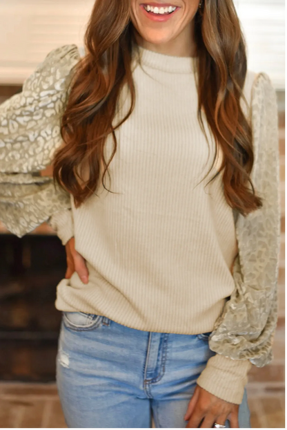 Apricot Leopard Print Long Sleeve Ribbed Knit Blouse