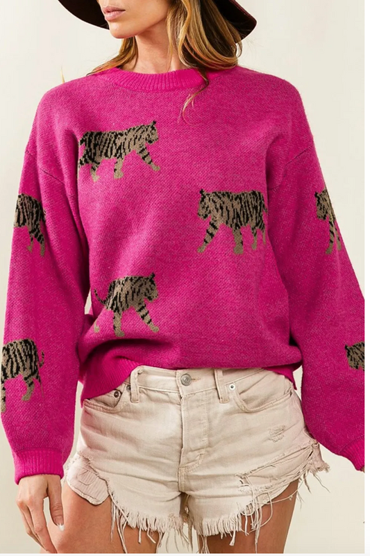 Rose Red Fierce Animal Pattern Casual Knitted Sweater
